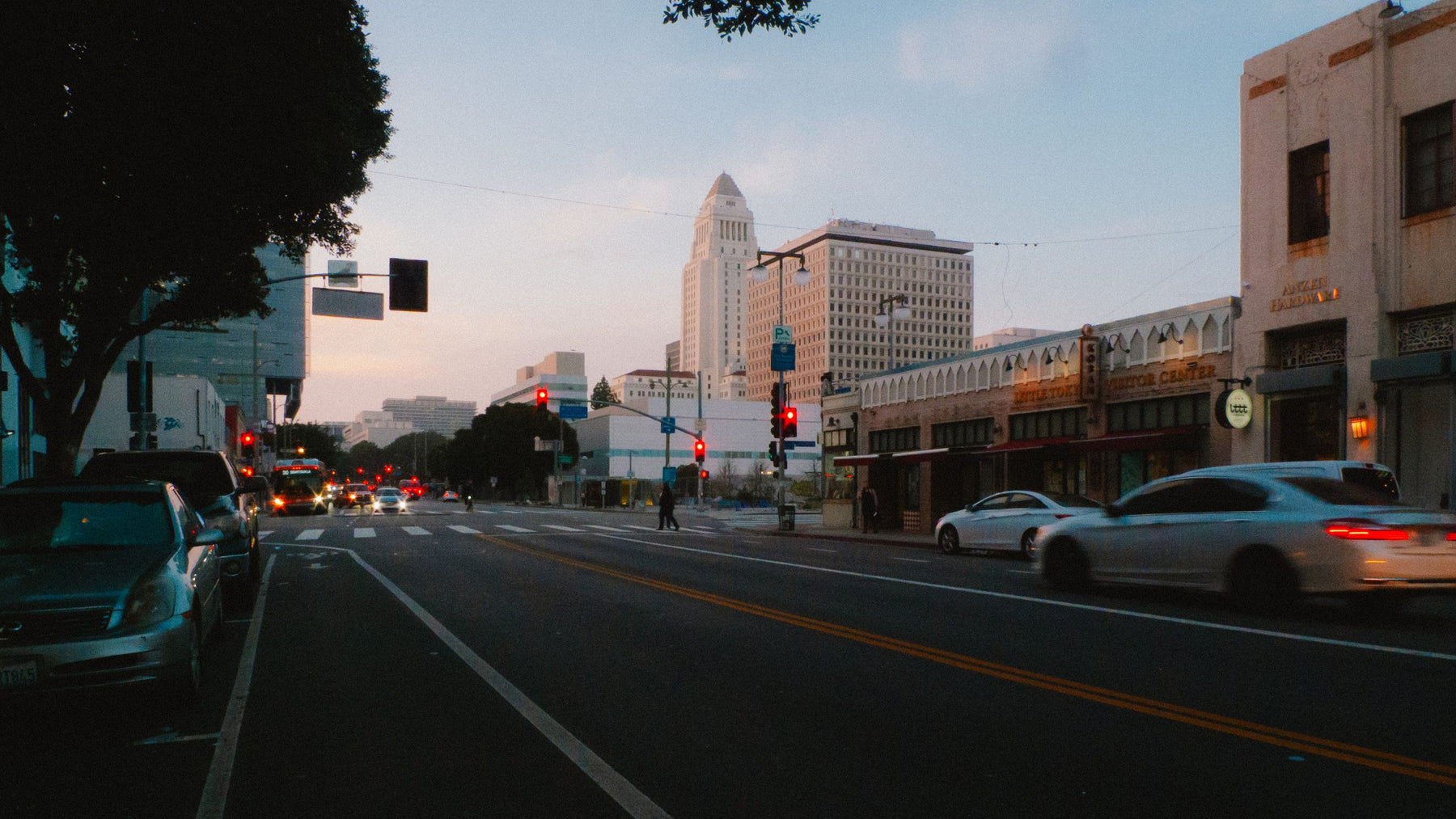 1st Street at dusk in Little Tokyo, Los Angeles City Hall in the distance