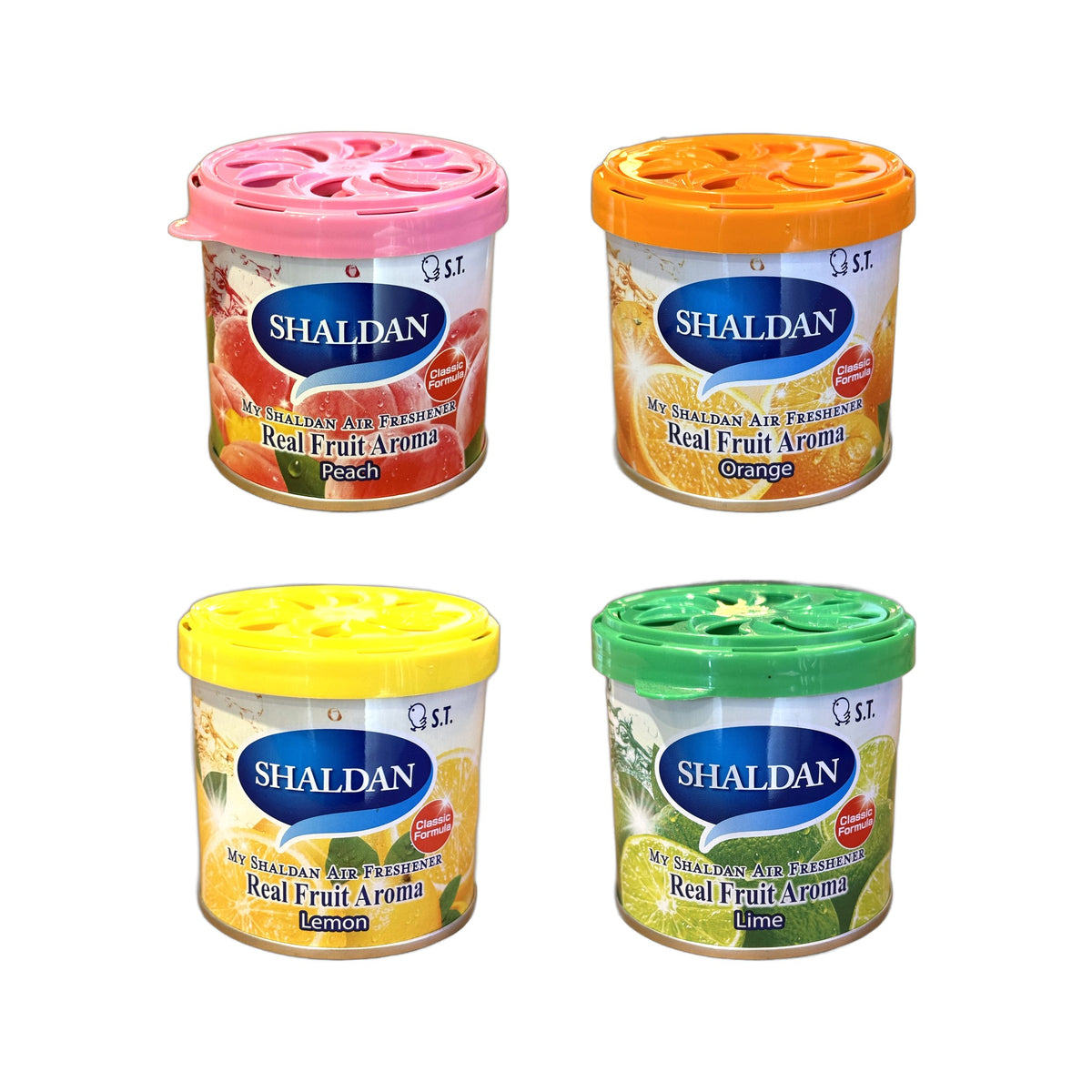 My Shaldan Classic Air Freshener cans in Peach, Orange, Lemon and Lime